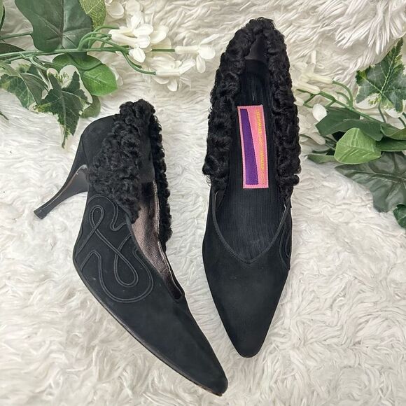 Susan Bennis/Warren Edwards Vintage Black Suede Statement Fur Patch Heels sz 8.5 - Picture 1 of 11